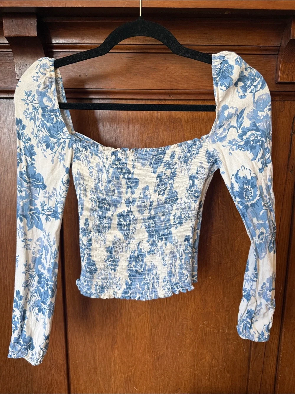Reformation Cream and Blue Floral Puff-Sleeve Square Neck Top